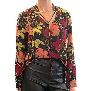 Laundry by Shelli Segal Black Maroon Green Pink Floral Silky Long Sleeve Blouse